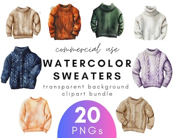 Fall Watercolor Sweater Clipart- 20 Transparent Background PNG Commercial Use Instant Download