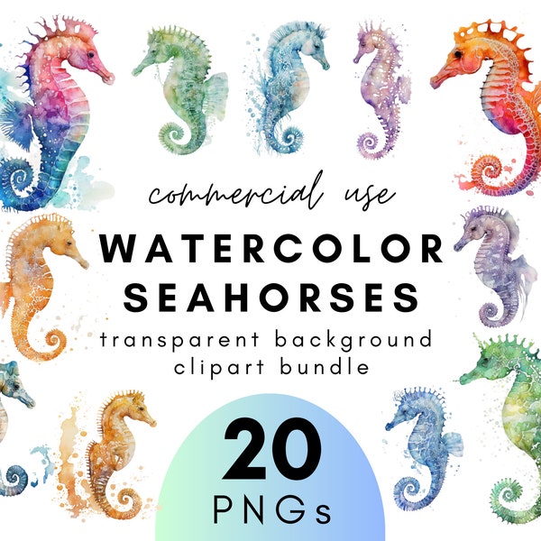 Nautical Watercolor Seahorse Clipart- Transparent Background PNG Commercial Use Instant Download