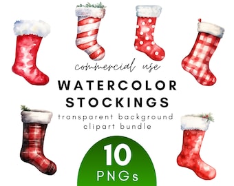 Watercolor Christmas Stocking Clipart- 10 Transparent Background PNG Commercial Use Instant Download