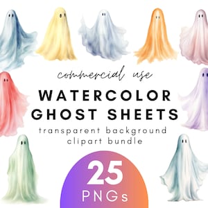 Spooky Watercolor Ghost Clipart- 25 Transparent Background PNG Commercial Use Instant Download