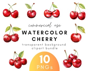 Bright Watercolor Cherry Clipart- 10 Transparent Background PNG Commercial Use Instant Download
