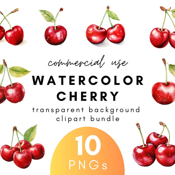 Bright Watercolor Cherry Clipart- 10 Transparent Background PNG Commercial Use Instant Download