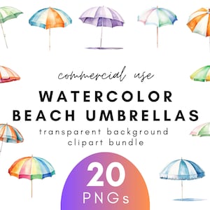 Colorida acuarela playa paraguas Clipart- 20 Fondo transparente PNG Uso comercial Descarga instantánea