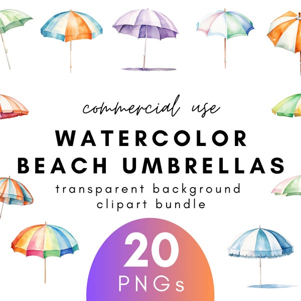Colorful Watercolor Beach Umbrella Clipart- 20 Transparent Background PNG Commercial Use Instant Download