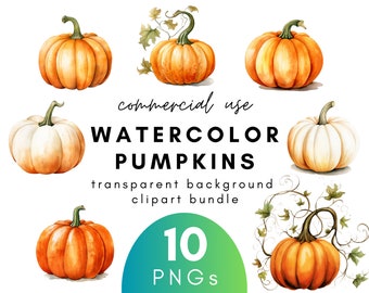 Fall Watercolor Pumpkin Clipart- 10 Transparent Background PNG Commercial Use Instant Download
