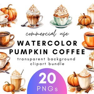 Autumn Watercolor Pumpkin Coffee Clipart- 20 Transparent Background PNG Commercial Use Instant Download