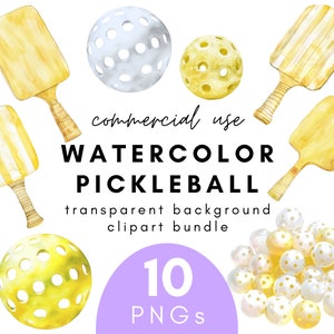 Giallo acquerello Pickleball Clipart- 10 sfondo trasparente PNG uso commerciale Download immediato