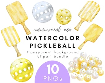 Yellow Watercolor Pickleball Clipart- 10 Transparent Background PNG Commercial Use Instant Download