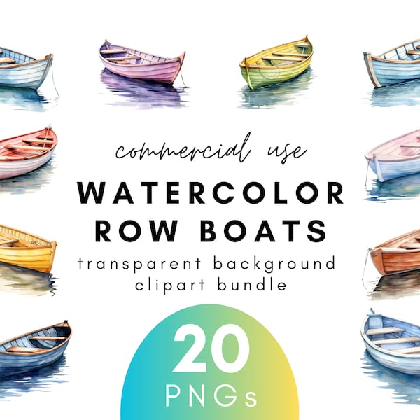 Wooden Watercolor Row Boat Clipart- 20 Transparent Background PNG Commercial Use Instant Download