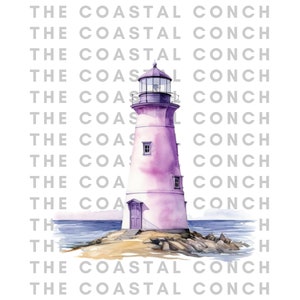 Puede incluir: Una pintura de acuarela de un faro morado en una costa rocosa con agua azul y un cielo nublado. El texto "THE COASTAL CONCH" se repite varias veces en el fondo.