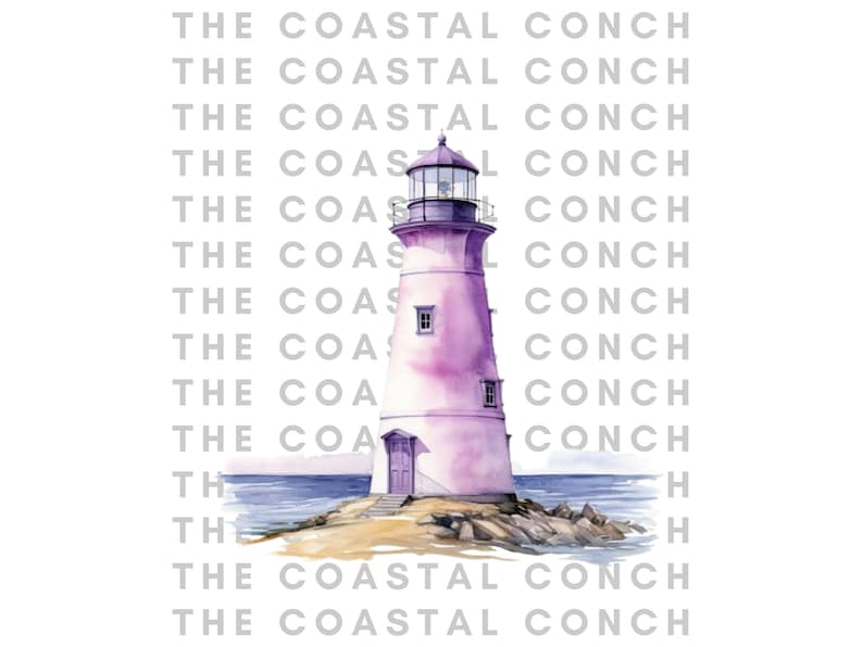 Puede incluir: Una pintura de acuarela de un faro morado en una costa rocosa con agua azul y un cielo nublado. El texto "THE COASTAL CONCH" se repite varias veces en el fondo.