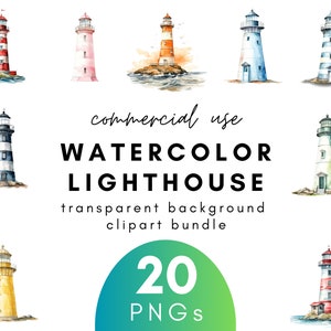 Nautical Watercolor Lighthouse Clipart- 20 Transparent Background PNG Commercial Use Instant Download
