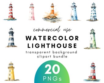 Nautical Watercolor Lighthouse Clipart- 20 Transparent Background PNG Commercial Use Instant Download
