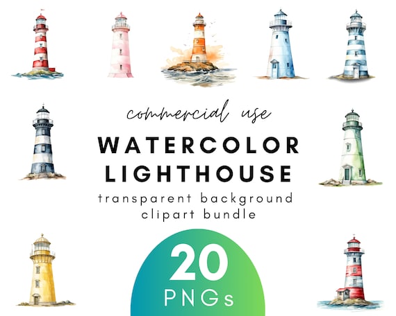 Nautical Watercolor Lighthouse Clipart- 20 Transparent Background PNG Commercial Use Instant Download