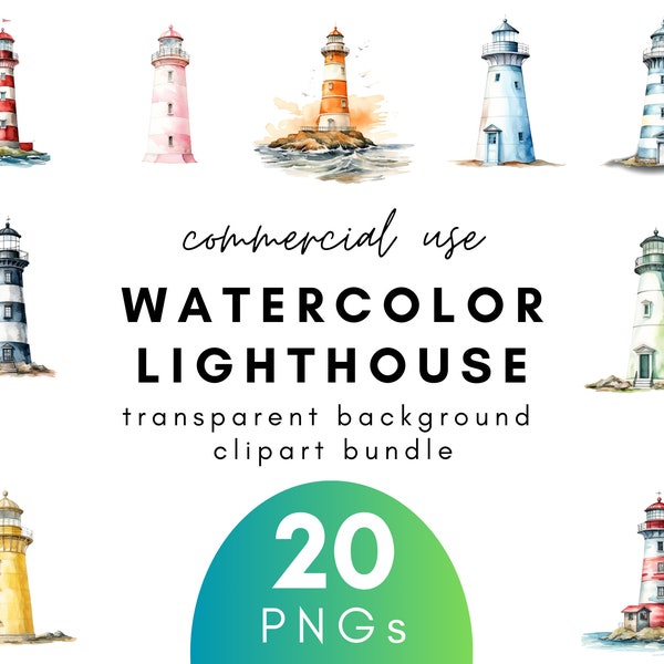 Nautical Watercolor Lighthouse Clipart- 20 Transparent Background PNG Commercial Use Instant Download