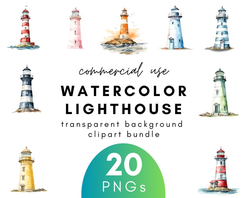 Faro de acuarela náutica Clipart- 20 Fondo transparente PNG Uso comercial Descarga instantánea imagen 1