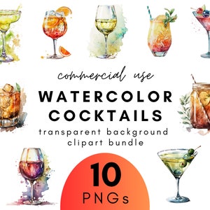 Cócteles de acuarela de verano Clipart - 10 Fondo transparente PNG Uso comercial Descarga instantánea