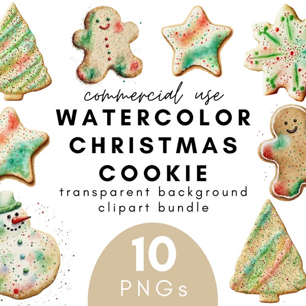 Watercolor Christmas Cookie Clipart- 10 Transparent Background PNG Commercial Use Instant Download