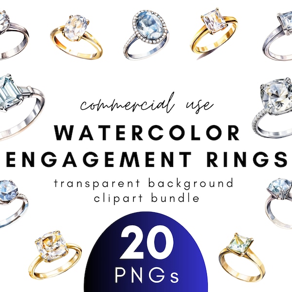 Watercolor Engagement Ring Clipart- 20 Transparent Background PNG Commercial Use Instant Download