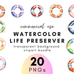 Könnte beinhalten: Ein Set mit 20 Aquarell-Clipart-Bildern von Rettungsringen. Die Rettungsringe sind in verschiedenen Farben, darunter Rot, Blau, Grün, Gelb und Orange. Die Rettungsringe sind alle kreisförmig und haben ein weißes Seil am Rand. Der Hintergrund ist transparent.