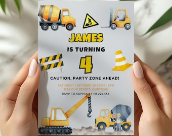 Faire-part d'anniversaire construction, invitation de fête Digger modifiable, modèle de toile modifiable, anniversaire de garçon, téléchargement immédiat