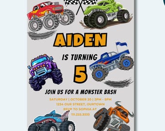 Monster Truck Birthday Invitation, Editable Canva Template, Instant Download Party Invite