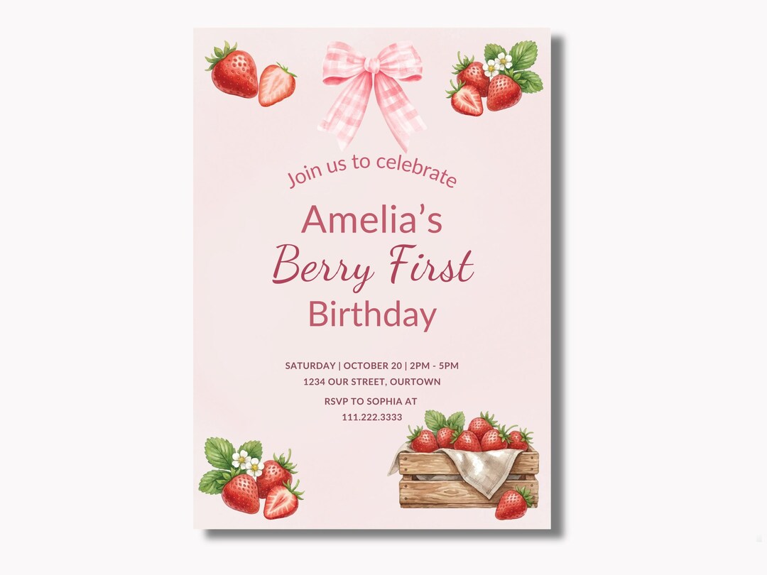 Berry First Birthday Invitation, Strawberry 1st Birthday, Pink Gingham ...