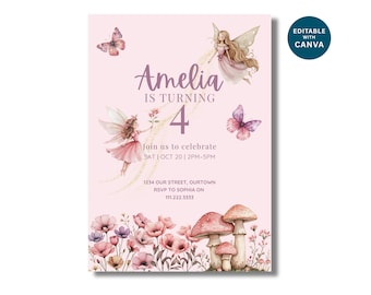 Convite de aniversário de fadas editável, modelo Canva, download instantâneo, convite para festa de fadas para imprimir