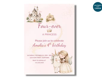 Inbjudan till prinsessa med 4-års födelsedag, redigerbar inbjudan till enhörningsfest med 4-års födelsedag, Canvas-mall med sagotema, direktnedladdning
