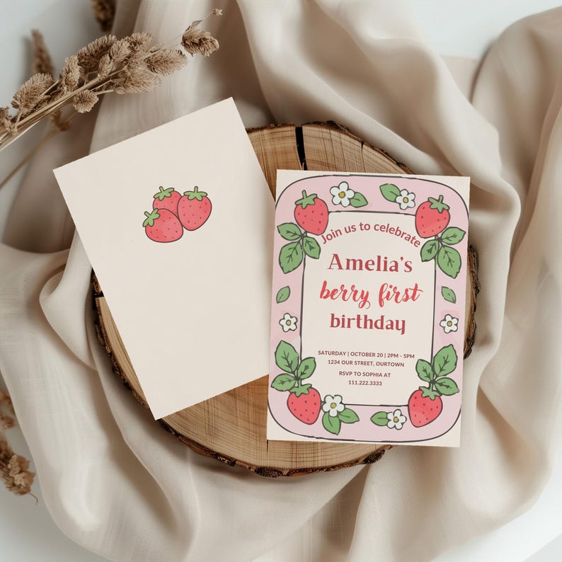 Sweet Berry First Birthday Invitation, Editable Strawberry 1st Birthday ...