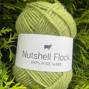 Puede incluir: Un ovillo de lana verde claro con la etiqueta "Nutshell Flock 100% Lana Pura" y un icono de oveja.