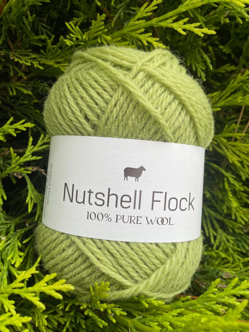 Puede incluir: Un ovillo de lana verde claro con la etiqueta "Nutshell Flock 100% Lana Pura" y un icono de oveja.