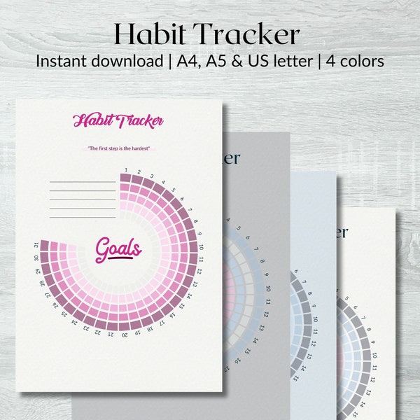 4 color habit tracker | Track goals in this instant download printable | Routine Tracker, 30 Day Habit Challenge | A4, A5 or US letter