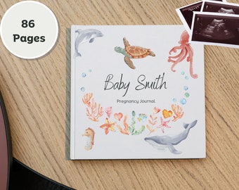 Personalized Pregnancy and Birth Journal & Keepsake | Sea Animal | Weekly Timeline from Due Date | Mums/Moms Gift | Square 8.5in Hardback
