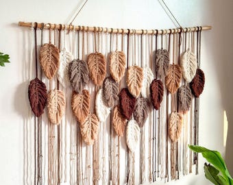 Colgante de pared de hoja grande de macramé, pluma de macramé, hoja de macramé, colgante de pared grande de macramé, decoración de pared, arte de pared bohemio, colgante de pared de macramé