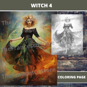 Witch 4 Coloring Page, Colored Page included, Printable PDF, Grayscale Coloring Page, Digital Coloring Page