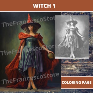 Witch 1 Coloring Page, Colored Page included, Printable PDF, Grayscale Coloring Page, Digital Coloring Page