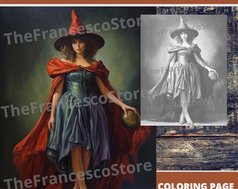Witch Coloring Page: Grayscale Art, Colored Page Included (Printable PDF)