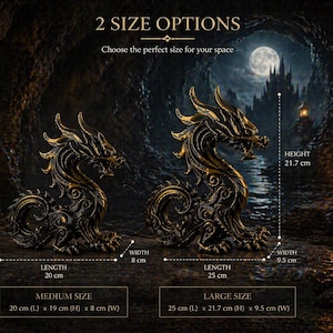 May include: Two dragon sculptures in a fantasy setting. The medium dragon is 7.9 inches long, 7.5 inches high, and 3.1 inches wide. The large dragon is 9.8 inches long, 8.5 inches high, and 3.7 inches wide. The background features a castle, moon, and candles.