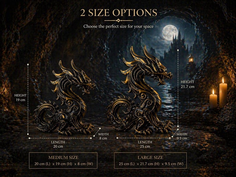May include: Two dragon sculptures in a fantasy setting. The medium dragon is 7.9 inches long, 7.5 inches high, and 3.1 inches wide. The large dragon is 9.8 inches long, 8.5 inches high, and 3.7 inches wide. The background features a castle, moon, and candles.