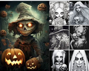 May include: A set of 62 coloring pages and 18 colored pages featuring creepy Halloween characters. The images include a scarecrow with glowing eyes, a girl with a skull, and a witch with a skull.