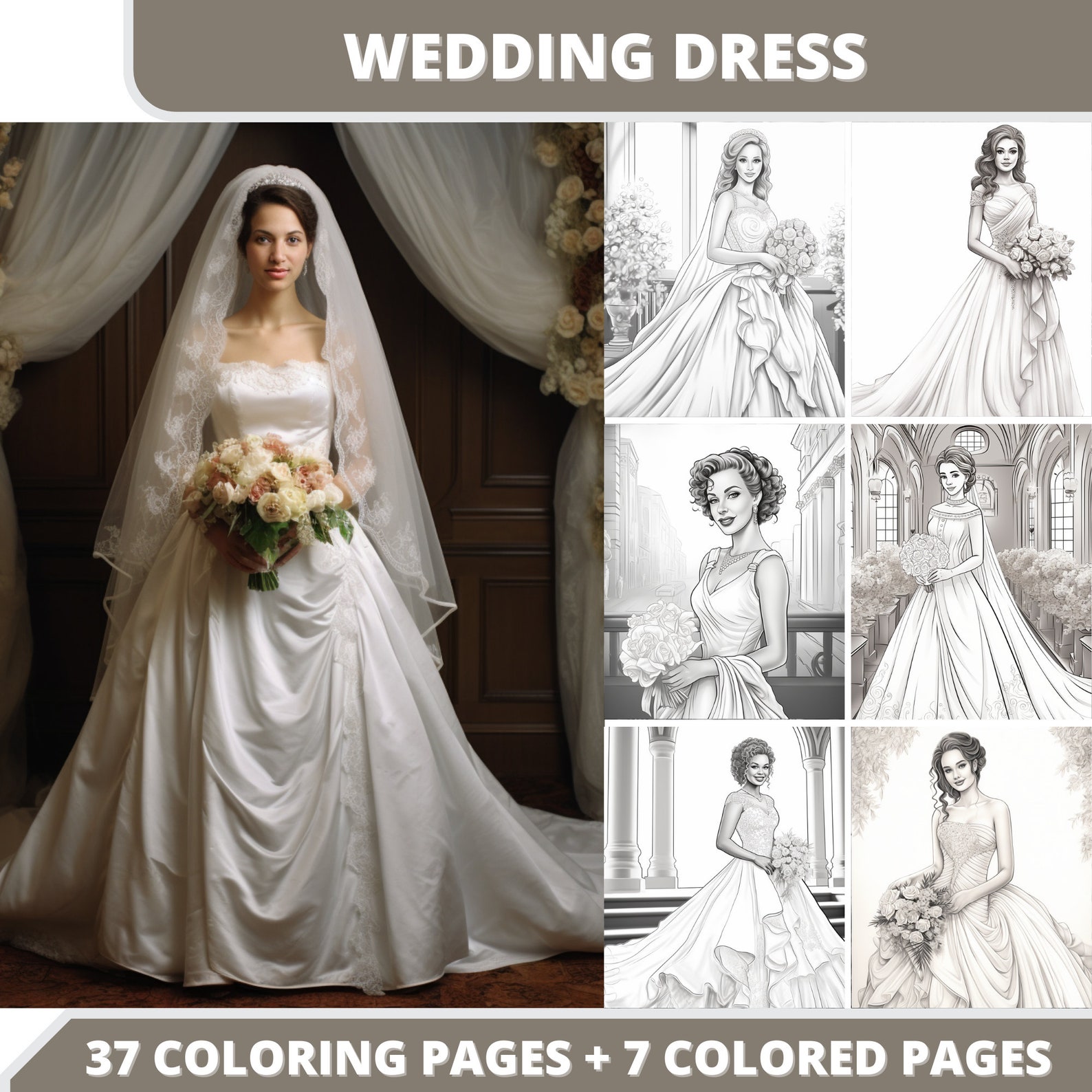 37 Wedding Dress Coloring Pages + 7 Colored Images + Cover Bonus ...