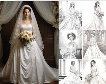37 Hochzeitskleid Malvorlagen + 7 farbige Bilder + Cover Bonus, Printable PDF, Graustufen Malvorlagen, Digitales Malbuch