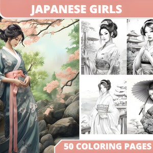 50 Japanische Mädchen Graustufen Malvorlagen, Erwachsene Malbuch, Digitales Malbuch, PDF DOWNLOAD