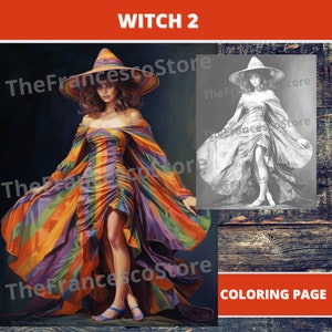 Witch 2 Coloring Page, Colored Page included, Printable PDF, Grayscale Coloring Page, Digital Coloring Page