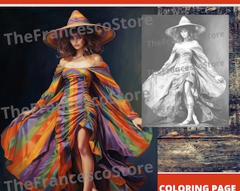 Witch Coloring Page: Grayscale Art, Colored Version Included (Printable PDF)
