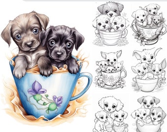 30 Pups in Cups Coloring Page, Adults, kids, Printable PDF, Instant Download, Grayscale Coloring Page, Dog Coloring pages