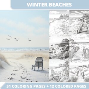 以下が含まれることがあります： 「Winter Beaches」というタイトルの塗り絵本。左側にはカモメ、木製の椅子、砂浜の足跡があるビーチのシーンが描かれています。右側には、ビーチハウスと遊歩道の白黒線画がいくつか表示されています。