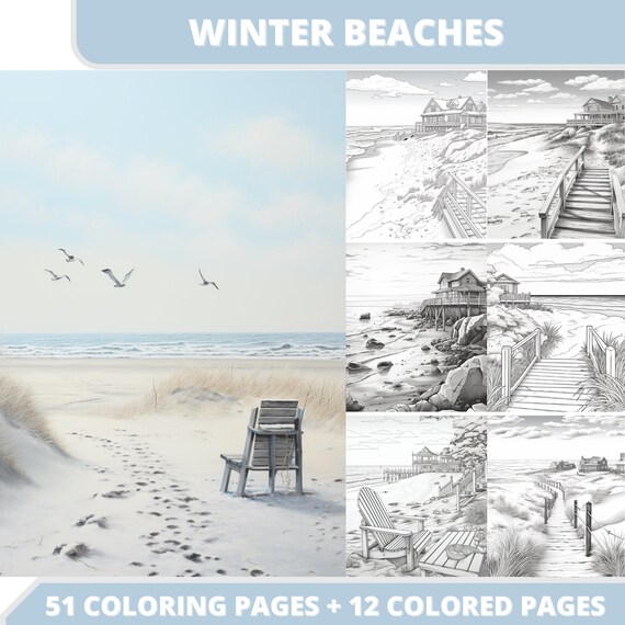 Winter Beaches Coloring Book: 51 Grayscale Pages (Printable PDF)
