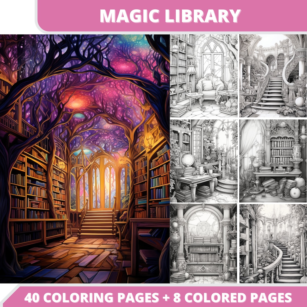 Magic Library Coloring Book: 40 Grayscale Pages (printable PDF) - Etsy